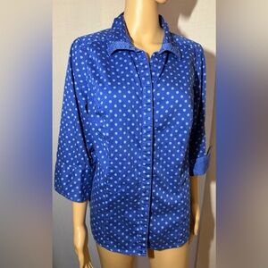 Lane Bryant blue blouse with white polka dots. Sz. 14/16